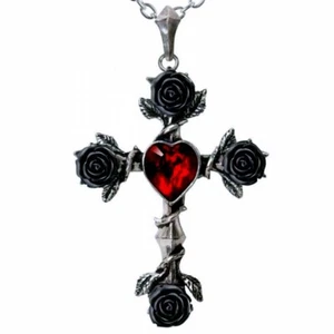 Black Rosifix Pendant Necklace, Roses Crucifix Love Heart Cross, Alchemy England - Picture 1 of 5