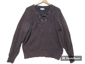 Sz 2XL Umgee Plus Sweater WASHED OUT Blue/Brown Lace Up Ribbed Pullover - Picture 1 of 1