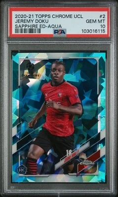 2020-21 Topps Chrome UCL Aqua Refractor /150 #2 Jeremy Doku RC PSA 10 - Image 1 of 3