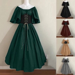 Womens Medieval Costume Dress Trumpet Sleeve Irish Shirt Dress With Corset - Picture 1 of 39