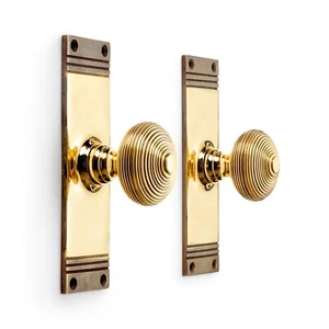 Pair Aged Brass Beehive Mortice Door Knobs on Back Plate - Antique Handle - Picture 1 of 2
