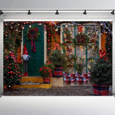 Fondo de vinilo de feliz Navidad de rama de pino nevado verde de 10x8 pies Foto 1 de 4