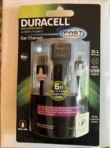 Duracell Car Charger- 6 ft Sync & Charge Cord-3.1 Amp Dual USB Ports - NEW - Picture 1 of 2