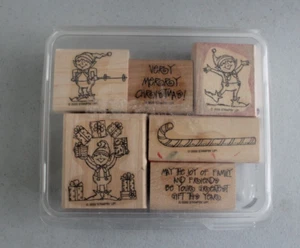 Stampin' Up! 2000 Vintage SANTA'S HELPERS Wood Mounted Rubber Set of 6 Elves - Picture 1 of 2