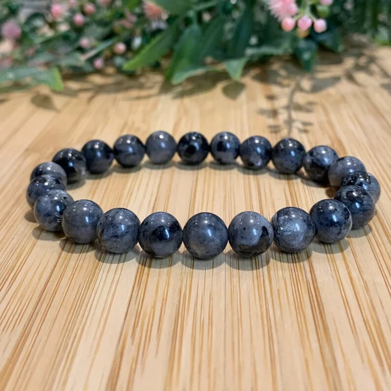 Natural Larvikite 8mm Round Shape Beaded Gemstone Healing Stretch Bracelet - Image 1 of 4
