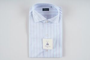 NWT FINAMORE 1975 Blue Pink Striped Cotton Spread Collar Dress Shirt 15 1/2 39