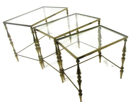Vintage Nesting Stacking Coffee Side Tables Brass Clear Glass Hollywood regency Cover