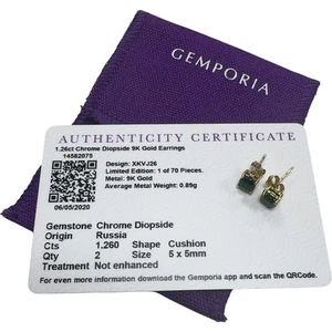 Gemporia 9kt Gold Earrings Chrome Diopside Cushion Cut Limited Edition - Picture 1 of 11