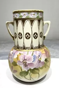 Vintage Hand Painted NIPPON Vase with Handles Floral Gold Trim 8" Tall - Picture 1 of 6
