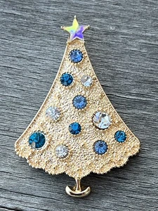 Christmas Tree Rhinestone Brooch Pin Vintage Crystal Glass Aqua Blue Clear Star - Picture 1 of 16
