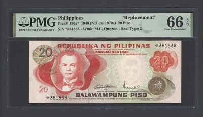 Philippines 20 Piso 1949 (1970) P150a* Replacement Uncirculated Grade 66 Top Pop - Image 1 of 2