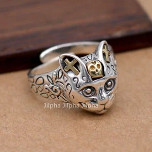 Solid Sterling Silver Cat Skull Adjustable Ring Rock Punk A3563 - Imagen 1 de 9