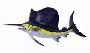 Scultura da parete pesce vela blu a righe 28" dipinta a mano pesce acqua salata 71S - Foto 1 di 4