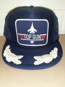 Vintage 80’s TOP GUN Snapback Trucker Hat Cap Blue Mesh Navy Blue USA Maverick - Picture 1 of 8
