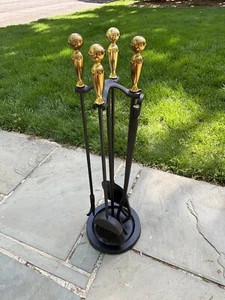 Pilgrim Vintage Cast Iron Brass Fireplace Set 5 Piece 31" tongs shovel poker - Picture 1 of 5