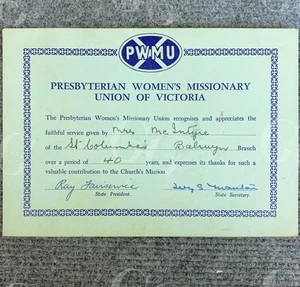 Authentic Vintage Presbyterian Women’s Missionary Union (PWMU) 1960s Certificate - Picture 1 of 6