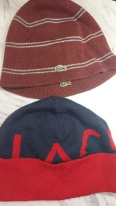 2 LACOSTE Beanie Hat Knit Wool & Acrylic Tobaggans Reversible & Red/blue - Picture 1 of 5