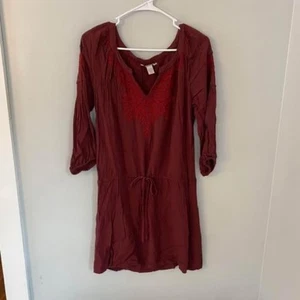 Lucky Brand Women's Embroidered 3/4 Sleeve Boho Dress M Burgundy - Picture 1 of 8
