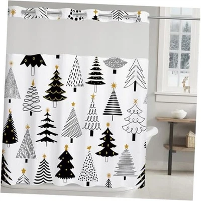  Cortina de chuveiro de Natal sem gancho com forro de encaixe, sem gancho preto e dourado - Imagem 1 de 4