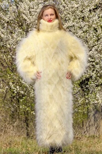 SUPERTANYA long ivory dress long mohair turtleneck fuzzy hand knitted gown XL - Picture 1 of 7