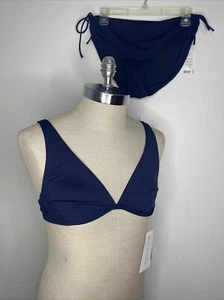 New Athleta Swim Suit M 34C Blue Bra Cup Plunge Horizon High Waist Bikini Womens - Picture 1 of 10