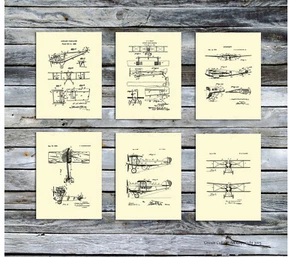 Vintage Airplanes Decor Wall art Set of 6 Unframed Cream Early Aviation Patents - Picture 1 of 8