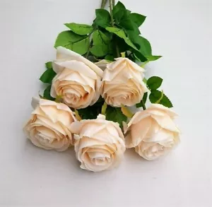 Artificial Flowers - 5 Peach Apricot Single Stem Roses - Picture 1 of 4