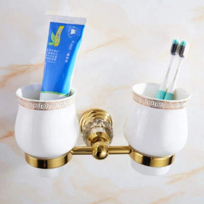 Gold Double Toothbrush Holders Tumbler Ceramic Cup Set Stainless steel Cystal - Image 1 of 4