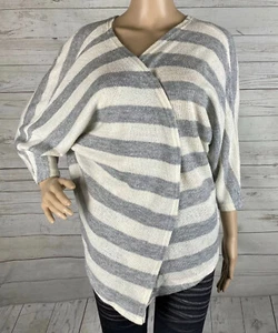 Gray White Striped Cardigan Sweater Large Open Front Thin Knit All Season Casual - Picture 1 of 12