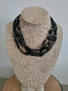Layered Choker Necklace Black Multi Strand Beadd Ribbon Jewelry 16-18" Costume - Picture 1 of 8