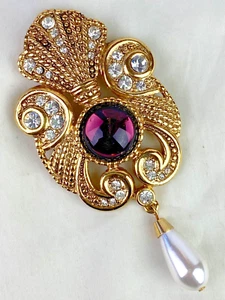 JEFF LIEB Designer Large Gold Tone Pin Brooch Purple Glass Faux Pearl - Picture 1 of 12