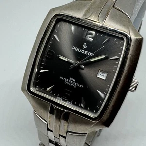 Peugeot Quartz Watch Me 30m Silver Square Steel Band Date Analog New Battery - Picture 1 of 6