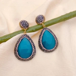Blue Cat’s-Eye Teardrop Dangle Stud Earrings - Picture 1 of 3