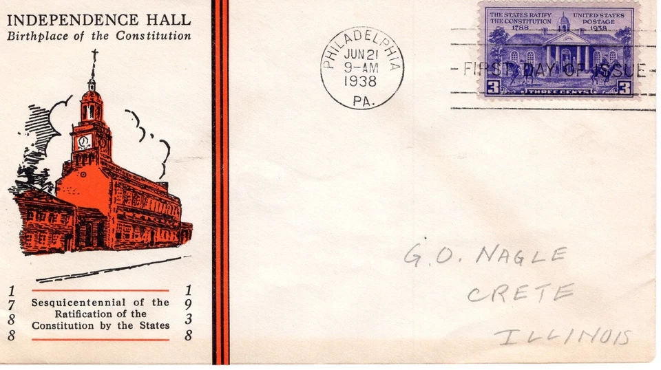 1938 #835 US CONSTITUTION RATIFICATION 150TH ANNIV.  FDC w/ LINPRINT CACHET - Image 1 of 1