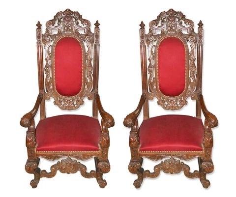 Late 19th Century Pair of Italian Carved Walnut Chairs with Red Upholstery Cover