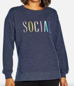 Wildfox SOCIAL Womens Medium Sweatshirt Embroidered Navy Blue - NWT - Picture 1 of 6