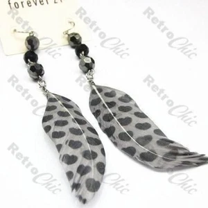 5"long SPOTTED FEATHER EARRINGS grey/silver/black spots hearts FACETED BEAD - Picture 1 of 1