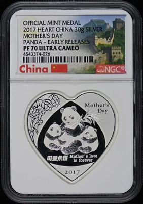 2017 HEART CHINA 30g MOTHER'S DAY PANDA SILVER NGC PR70DCAM - Image 1 of 2