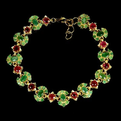 925 Sterling Silver Bracelet Oval Emerald 5x3mm Ruby Gemstone Jewelry 7.5 Inch - Image 1 of 4