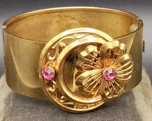 Harry Iskin 1/20th 12KGF Art Deco Wide HInged Bangle Pink Rhinestone - Picture 1 of 6