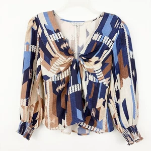 Neu ohne Etikett Ranna Gill geometrisches abstraktes Leinentop Größe S Langarm Metall Ringausschnitt - Bild 1 von 9