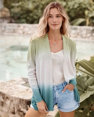 GARNET HILL 50528 Green Ombre Tidal Linen Cardigan Coastal Lagenlook SIZE MEDIUM - Image 1 of 4