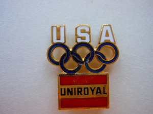 Olympic PIN UNIROYAL Vtg '84 Badge Logo Banner w/ USA & Olympic Rings Lapel - Picture 1 of 2