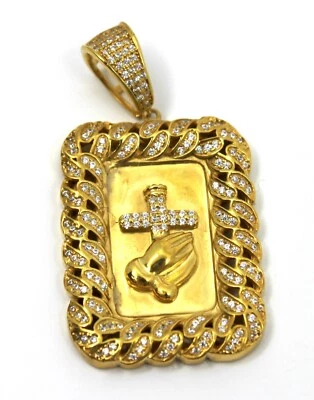 Colgante Cruz Etiqueta de Perro en Oro Amarillo Sólido 14K con Circonita cúbica 2" pulgadas de Largo Foto 1 de 4