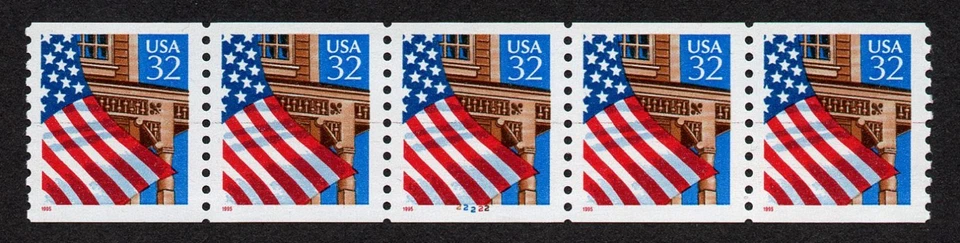 USA SCOTT # 2913, STRIP OF 5 STAMPS - PNC5 # 22222 OF FLAG OVER PORCH, LOW GLOSS - Image 1 of 1