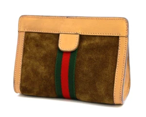 Gucci Vintage Bag Clutch Handbag Sherry Suede Leather Camel Small Authentic - Picture 1 of 19