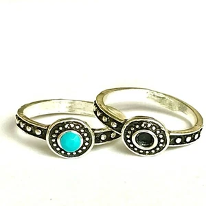 Silver Boho Art Deco Cocktail Ring Size 7 Simulated Turquoise Plated Vintage - Picture 1 of 11