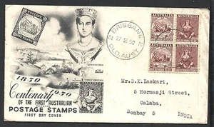 (BL) Australia 1950 Stamp Centenary FDC with a block of 4 Brisbane to India - Picture 1 of 2