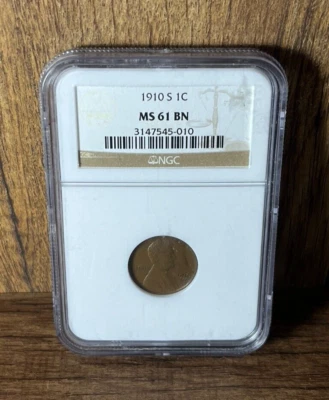 1910-S Lincoln Wheat Cent 1C Penny Graded NGC MS 61 BN Mint - Image 1 of 2