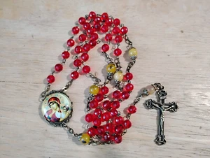 Rosario Madonna del Perpetuo Soccorso Perline Cristallo Rosso e Pietra Preziosa Bronzo Vintage - Foto 1 di 5